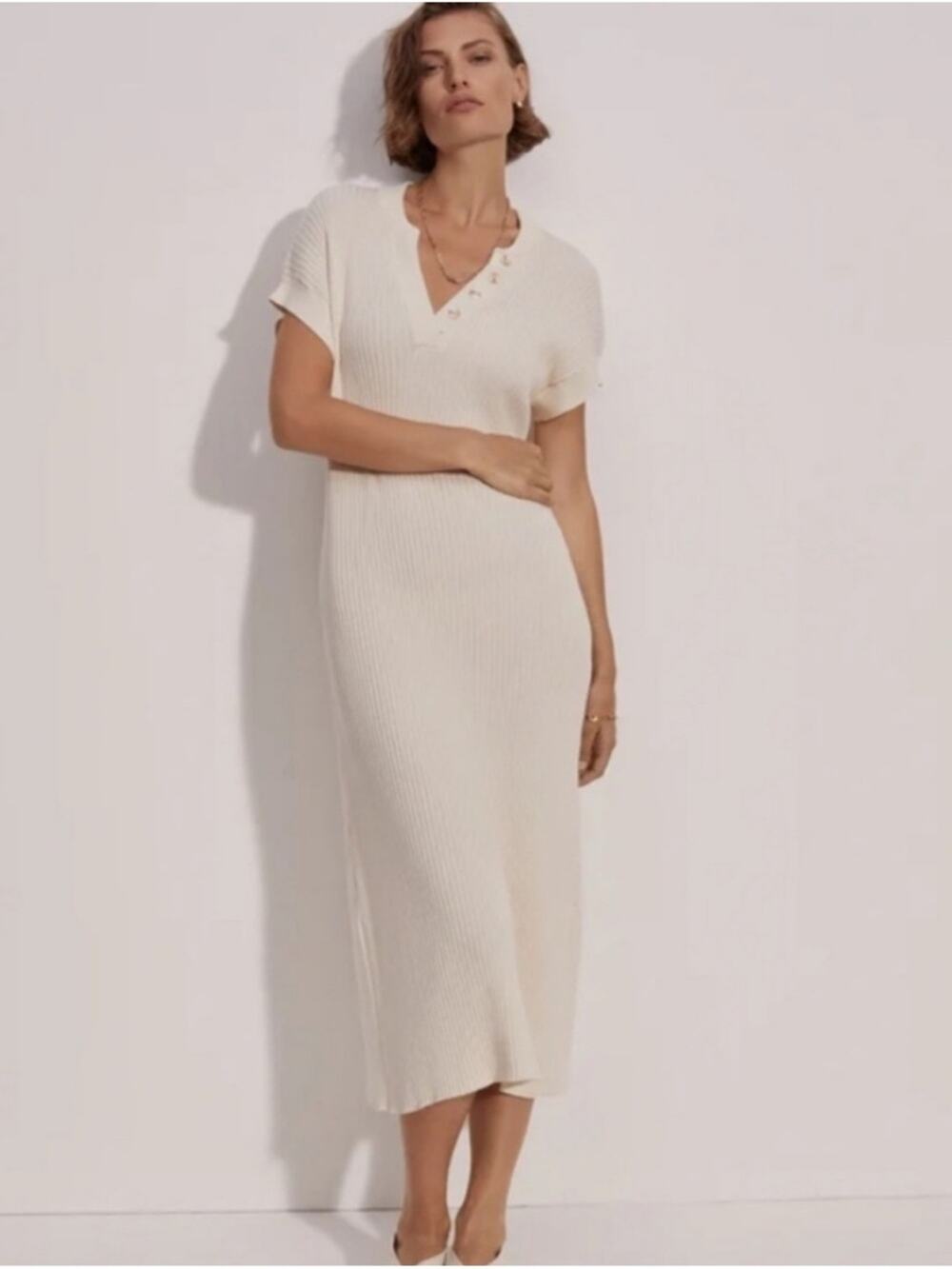 VARLEY Aria Ribbed Knit Cotton Jersey Polo Midi Dress Cream Color Extra Small XS